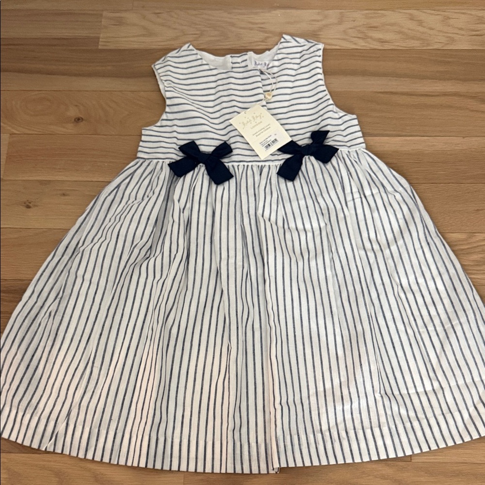 Rachel Riley Navy and White Striped Kids Bow Dress Size 8